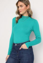 Ciemnozielony Golf ze Sweterkowej Dzianiny ze Ściągaczami Hamiou. Zielone golfy damskie Born2be, m, bez wzorów, z dzianiny, bez ramiączek. Za 39.99 zł.
