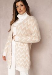 Beżowy Niezapinany Kardigan o Przedłużonym Fasonie w Zygzaki Chevron Oherna. Brązowe kardigany damskie Renee, bez wzorów, z tkaniny. Za 99.99 zł.