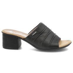 Czarne Klapki Rieker Eleganckie Obuwie Damskie. Czarne klapki damskie Rieker, bez wzorów, z materiału, bez obcasa, na obcasie, bez zapięcia. Za 299.00 zł.