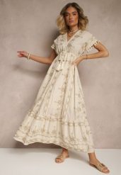 Beżowa Rozkloszowana Sukienka Boho z Bawełny z Chwostami Haftami i Metaliczną Nicią Divirna. Brązowe sukienki damskie Renee, z aplikacjami, z bawełny, boho, bez ramiączek. W wyprzedaży za 167.99 zł.