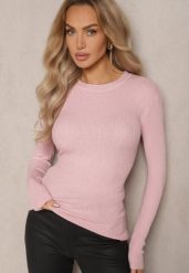 Jasnoróżowy Prążkowany Sweter z Bawełną Ozdobiony Cyrkoniami Romilea. Czerwone swetry klasyczne damskie Renee, z bawełny, bez kołnierzyka. Za 39.99 zł.