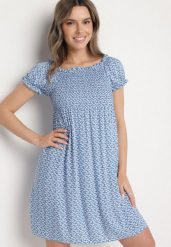 Niebieska Wiskozowa Sukienka Typu Hiszpanka w Kwiaty Lunirella. Niebieskie sukienki damskie Born2be, bez wzorów, z wiskozy, eleganckie, bez ramiączek. W wyprzedaży za 38.24 zł.