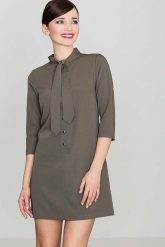 Uniwersalna Oliwkowa Koszulowa Sukienka z Wiązaną pod Szyją Szarfą. Zielone sukienki damskie Katrus, bez wzorów, z materiału, bez ramiączek. Za 249.00 zł.