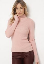 Jasnoróżowy Prążkowany Golf z Wiskozą o Dopasowanym Kroju z Odkrytymi Plecami z Wiązaniem Elattia. Czerwone golfy damskie Born2be, m, bez wzorów, z jeansu, bez ramiączek. Za 59.99 zł.