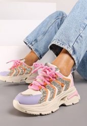 Beżowo-Fioletowe Brokatowe Sneakersy na Grubej Podeszwie Wlanna. Brązowe obuwie sportowe damskie Born2be, z materiału, bez zapięcia. Za 109.99 zł.