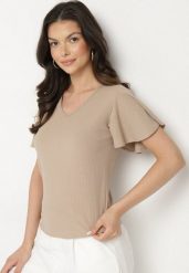 Ciemnobeżowa Bluzka z Szerokimi Rękawami Sunevia. Brązowe bluzki damskie Born2be, m, bez wzorów, z jeansu, eleganckie, bez kołnierzyka, bez ramiączek. Za 29.99 zł.