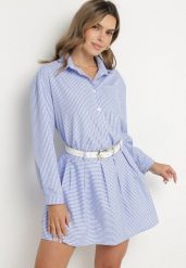 Jasnoniebieski Komplet Koszula i Rozkloszowana Spódnica Novarene. Niebieskie koszule damskie Born2be, m, bez wzorów, eleganckie, bez kołnierzyka, bez ramiączek. Za 129.99 zł.