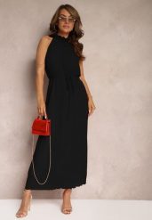 Czarna Sukienka z Dekoltem Typu Halter z Materiałowym Paskiem w Talii i Aplikacjami 3D Dimnnia. Czarne sukienki damskie Renee, z aplikacjami, z materiału, eleganckie, bez ramiączek. W wyprzedaży za 127.99 zł.