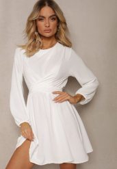Biała Sukienka Rozkloszowana z Gumką w Pasie Thelo. Białe sukienki damskie Renee, bez wzorów, z tkaniny, eleganckie, bez ramiączek. W wyprzedaży za 63.99 zł.