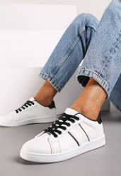 Biało-Czarne Sznurowane Sneakersy na Płaskiej Podeszwie Wykończone Paskami Elinela. Białe obuwie sportowe damskie Renee, z materiału, bez zapięcia. Za 69.99 zł.