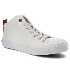 Trampki damskie Cross Jeans, wysokiej jakości materiał syntetyczny z gładką podwyższoną cholewką klasycznym sznurowaniem oraz stabilną grubszą podesz. Białe trampki damskie Cross Jeans, bez wzorów, z gumy, bez zapięcia. Za 99.99 zł.