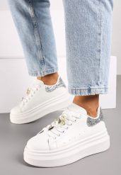 Biało-Srebrne Sneakersy na Grubej Podeszwie Ozdobione Brokatem i Aplikacją Sezilena. Białe obuwie sportowe damskie Born2be, z materiału, bez zapięcia. Za 89.99 zł.