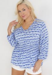 Niebieska Bluzka z Rozkloszowanym Dołem i Gumkami w Pasie Weeky. Niebieskie bluzki damskie Born2be, l, bez wzorów, bez kołnierzyka, bez ramiączek. Za 79.99 zł.