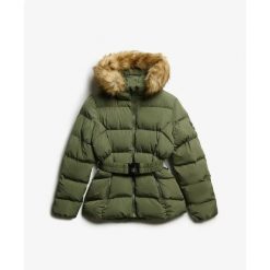 Damska kurtka puchowa Superdry Fuji Belted. Zielone kurtki damskie Superdry, bez wzorów, z puchu, bez kaptura. Za 651.20 zł.
