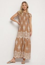 Ciemnobeżowa Wiskozowa Sukienka z Marszczoną Góra i Wzorem Boho Ellifae. Brązowe sukienki damskie Born2be, z aplikacjami, z wiskozy, boho, bez ramiączek. Za 89.99 zł.