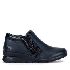 Półbuty Rieker. Niebieskie półbuty damskie Rieker, bez wzorów, bez obcasa, na koturnie, bez zapięcia. Za 379.99 zł.