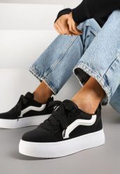 Czarne Sneakersy na Platformie z Geometrycznym Wzorem Kornelna. Czarne obuwie sportowe damskie Renee, z jeansu, bez zapięcia. Za 74.99 zł.