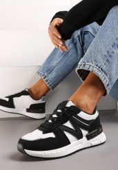 Czarno-Białe Sznurowane Sneakersy na Płaskiej Podeszwie z Metalicznym Wykończeniem Vivamarie. Czarne obuwie sportowe damskie Born2be, z materiału, bez zapięcia. Za 99.99 zł.