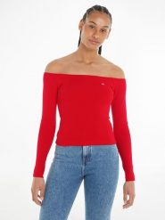TOMMY JEANS Sweter w kolorze czerwonym rozmiar: L. Czerwone swetry klasyczne damskie Tommy Jeans, l, z jeansu, bez kołnierzyka. Za 92.21 zł.