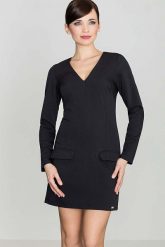 Prosta Czarna Sukienka z Ozdobnymi Patkami z Długim Rękawem. Czarne sukienki damskie Katrus, bez wzorów, z materiału, bez ramiączek. Za 249.00 zł.