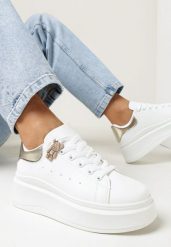 Biało-Złote Wiązane Sneakersy na Grubej Platformie z Cholewką przed Kostkę Auture. Białe obuwie sportowe damskie Born2be, przed kostkę, bez zapięcia. Za 84.99 zł.