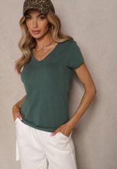Ciemnozielony Bawełniany T-shirt z Dekoltem w Kształcie Litery V Fevalista. Zielone t-shirty damskie Renee, l, bez wzorów, z bawełny, bez kołnierzyka. Za 44.99 zł.