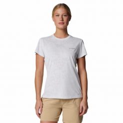 Koszulka szybkoschnąca damska Columbia Bluebird Canyon Short Sleeve Crew. Białe koszulki damskie Columbia, s, bez wzorów, bez kołnierzyka, bez ramiączek. Za 129.99 zł.