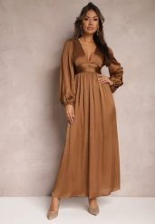 Brązowa Gładka Sukienka Maxi o Rozkloszowanym Kroju z Luźnymi Rękawami i Trójkątnym Dekoltem Biswas. Brązowe sukienki damskie Renee, bez wzorów, z tkaniny, eleganckie, bez ramiączek. W wyprzedaży za 143.99 zł.