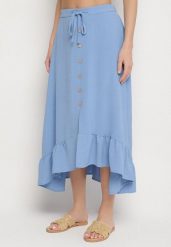 Niebieska Asymetryczna Spódnica z Falbanami i Ozdobnymi Guzikami Marolana. Niebieskie spódnice damskie Born2be, na co dzień, l, bez wzorów, eleganckie, midi. Za 59.99 zł.