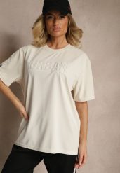 Jasnobeżowa Bawełniana Koszulka T-shirt z Tłoczonym Napisem Lunorina. Brązowe bluzki damskie Renee, l, z aplikacjami, z bawełny, bez kołnierzyka, bez ramiączek. Za 44.99 zł.