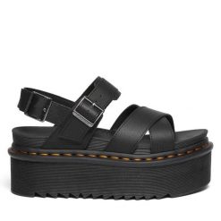 Sandały Dr. Martens. Czarne sandały damskie Dr Martens, bez wzorów, bez obcasa, na koturnie, bez zapięcia. Za 399.99 zł.