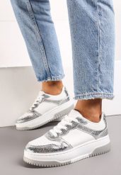 Srebrno-Białe Sneakersy na Grubej Podeszwie z Ozdobnymi Wstawkami Uvunna. Białe obuwie sportowe damskie Born2be, na jesień, z jeansu, bez zapięcia. Za 44.99 zł.