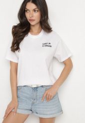 Biało-Różowy Bawełniany T-shirt z Napisami Hallena. Białe t-shirty damskie Born2be, l, bez wzorów, z bawełny, bez kołnierzyka. Za 49.99 zł.