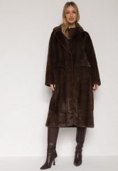 Brązowy Płaszcz Futerko o Kroju Oversize z Kieszeniami z Klapami Namys. Brązowe płaszcze damskie Born2be, l, bez wzorów, z futra, bez kaptura. Za 289.99 zł.