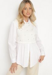 Jasnobeżowa Rozkloszowana Bluzka Koszulowa z Wiskozą z Wszytą Kamizelką z Cyrkoniami Uliaviela. Brązowe bluzki damskie Born2be, bez wzorów, z jeansu, eleganckie, bez kołnierzyka, bez ramiączek. Za 84.99 zł.