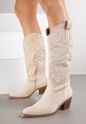 Beżowe Kozaki Typu Kowbojki w Klasycznym Stylu z Imitacji Zamszu Rilamira. Brązowe kozaki damskie Renee, z jeansu, bez obcasa, na obcasie, bez zapięcia. Za 159.99 zł.