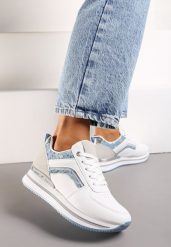 Biało-Niebieskie Sneakersy z Brokatowymi Wstawkami i Piankową Podeszwą Oriontia. Białe obuwie sportowe damskie Born2be, bez zapięcia. Za 79.99 zł.