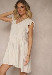 Jasnobeżowa Bawełniana Sukienka Rozkloszowana z Falbankami Mirlio. Brązowe sukienki damskie Renee, bez wzorów, z bawełny, eleganckie, bez ramiączek. W wyprzedaży za 39.99 zł.