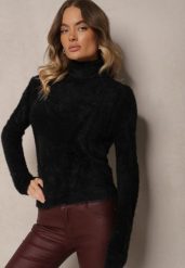 Czarny Casualowy Golf z Wełną Nomilae. Czarne golfy damskie Renee, bez wzorów, z jeansu, bez ramiączek. Za 59.99 zł.
