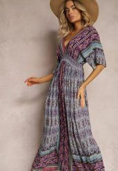 Fioletowo-Niebieska Sukienka w Stylu Etnicznym z Gumką w Pasie Wiązana na Plecach Lixara. Fioletowe sukienki damskie Renee, bez wzorów, boho, bez ramiączek. Za 89.99 zł.