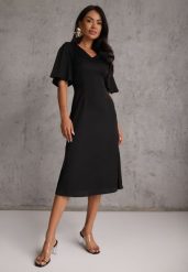 Czarna Zwiewna Sukienka Wieczorowa VICES z Aplikacją 3D w Kształcie Kwiatu Themira. Czarne sukienki damskie Renee, z aplikacjami, eleganckie, bez ramiączek. Za 169.99 zł.