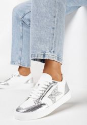 Srebrne Sneakersy z Brokatową Gwiazdką Tileva. Białe obuwie sportowe damskie Born2be, bez zapięcia. Za 84.99 zł.