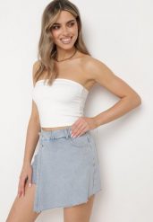 Niebieskie Jeansowe Szorty Imitujące Spódniczkę Mini z Asymetryczną Zakładką Moonfia. Niebieskie szorty damskie Born2be, bez wzorów, z jeansu. Za 109.99 zł.
