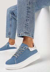 Niebieskie Sneakersy na Grubej Podeszwie z Brokatem i Cyrkoniami Jelivia. Niebieskie obuwie sportowe damskie Born2be, na lato, bez zapięcia. Za 99.99 zł.