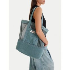 Torebka Guess Jeans. Niebieskie shopper bag Guess Jeans, z jeansu, bez dodatków. Za 189.99 zł.