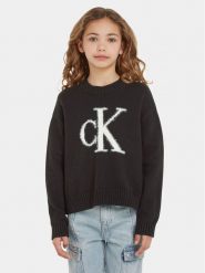 Calvin Klein Jeans Sweter Fluffy Monogram IG0IG02220 Czarny Regular Fit. Czarne swetry dziewczęce Calvin Klein Jeans, bez wzorów, z bawełny, bez kołnierzyka, bez ramiączek. Za 399.99 zł.