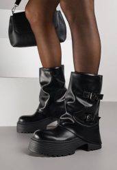 Czarne Botki Biker Vices z Wywiniętą Cholewką Platformą i Klamrami Reinila. Czarne botki damskie Renee, z jeansu, rockowe, bez obcasa, na platformie, bez zapięcia. Za 179.99 zł.