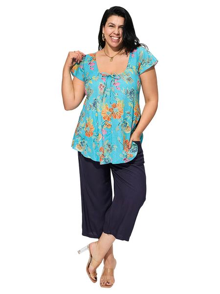 Aller Simplement Bluzka w kolorze turkusowym ze wzorem rozmiar: 42/44. Niebieskie bluzki damskie Aller Simplement, bez wzorów, z bawełny, klasyczne, bez kołnierzyka, bez ramiączek. Za 70.41 zł.