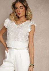 Biała Ażurowa Bluzka z Bawełny Ozdobiona Falbankami Ridilane. Białe bluzki damskie Renee, l, w ażurowe wzory, z bawełny, eleganckie, bez kołnierzyka, bez ramiączek. Za 44.99 zł.