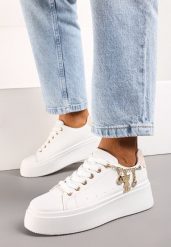 Biało-Beżowe Sznurowane Sneakersy z Ekoskóry na Platformie z Łańcuszkiem i Zawieszkami Salvania. Białe obuwie sportowe damskie Renee, z materiału, bez zapięcia. Za 74.99 zł.